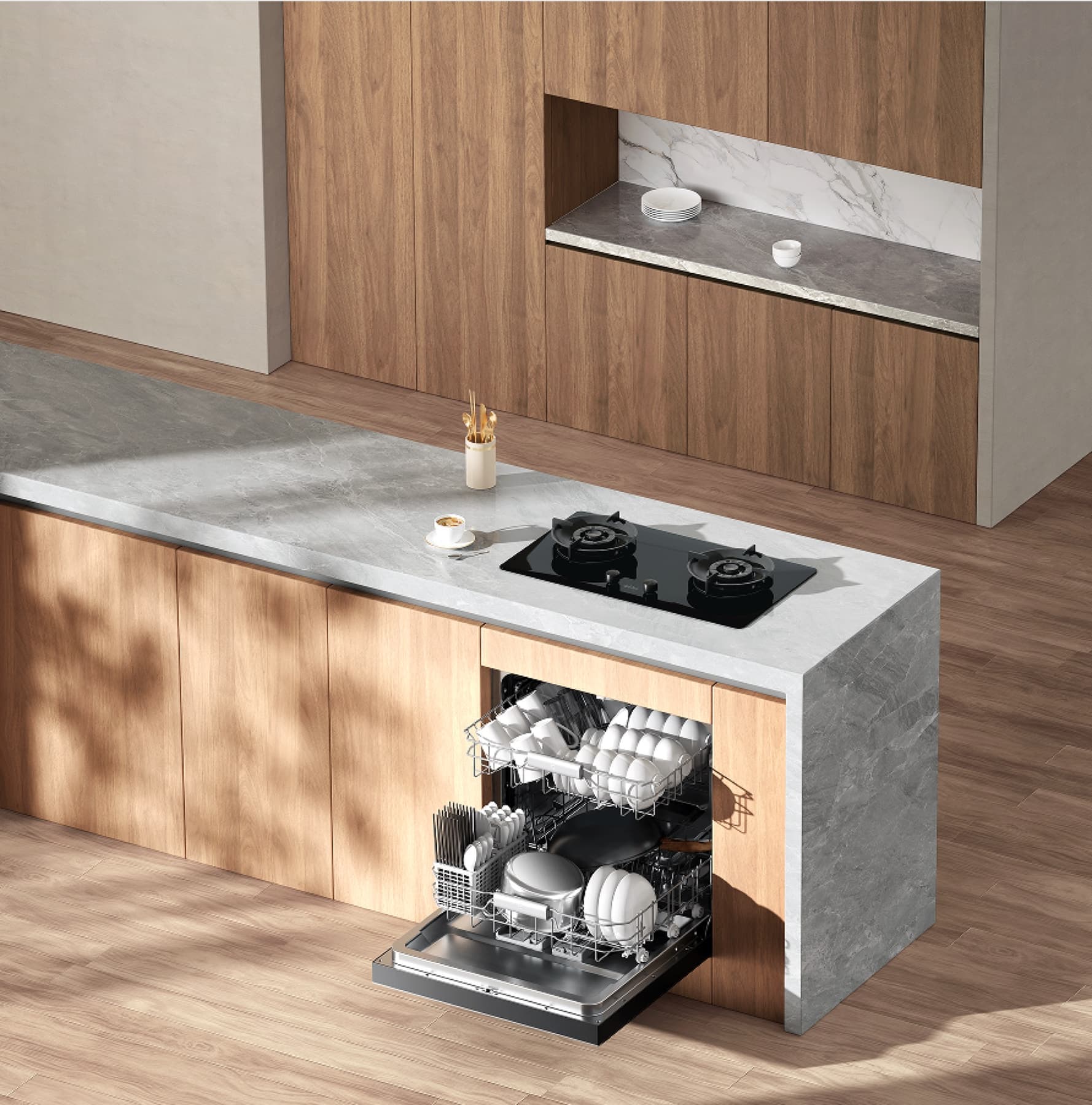Open built-in dishwasher in a modern kitchen for B2B product platform review