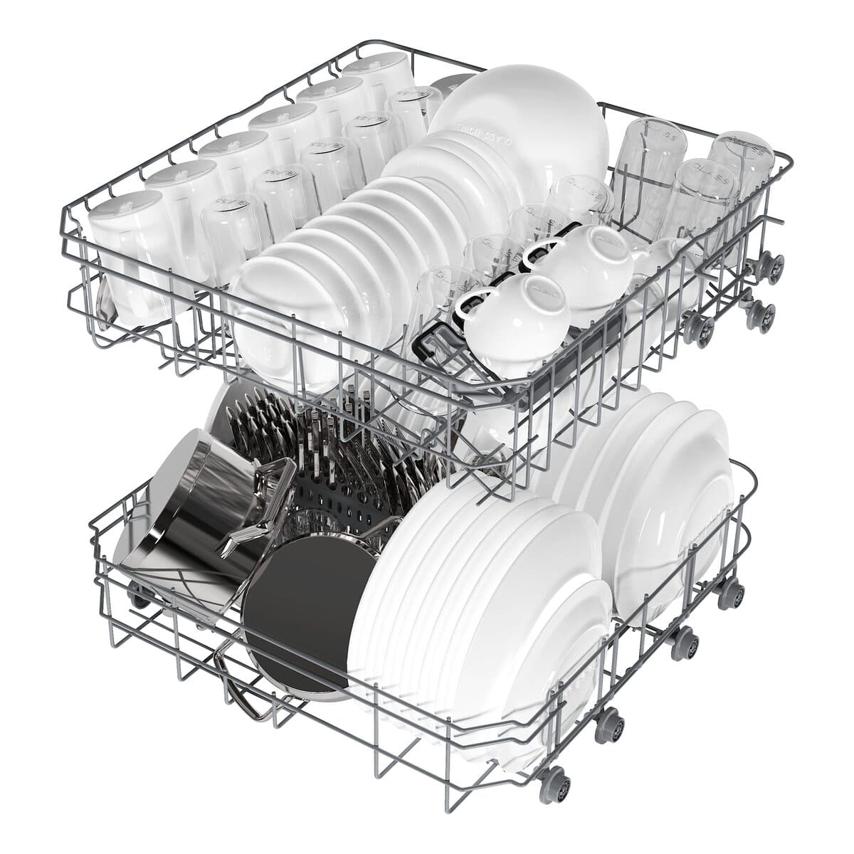 Loaded dishwasher basket platform visual for appliance brand OEM inquiry planning