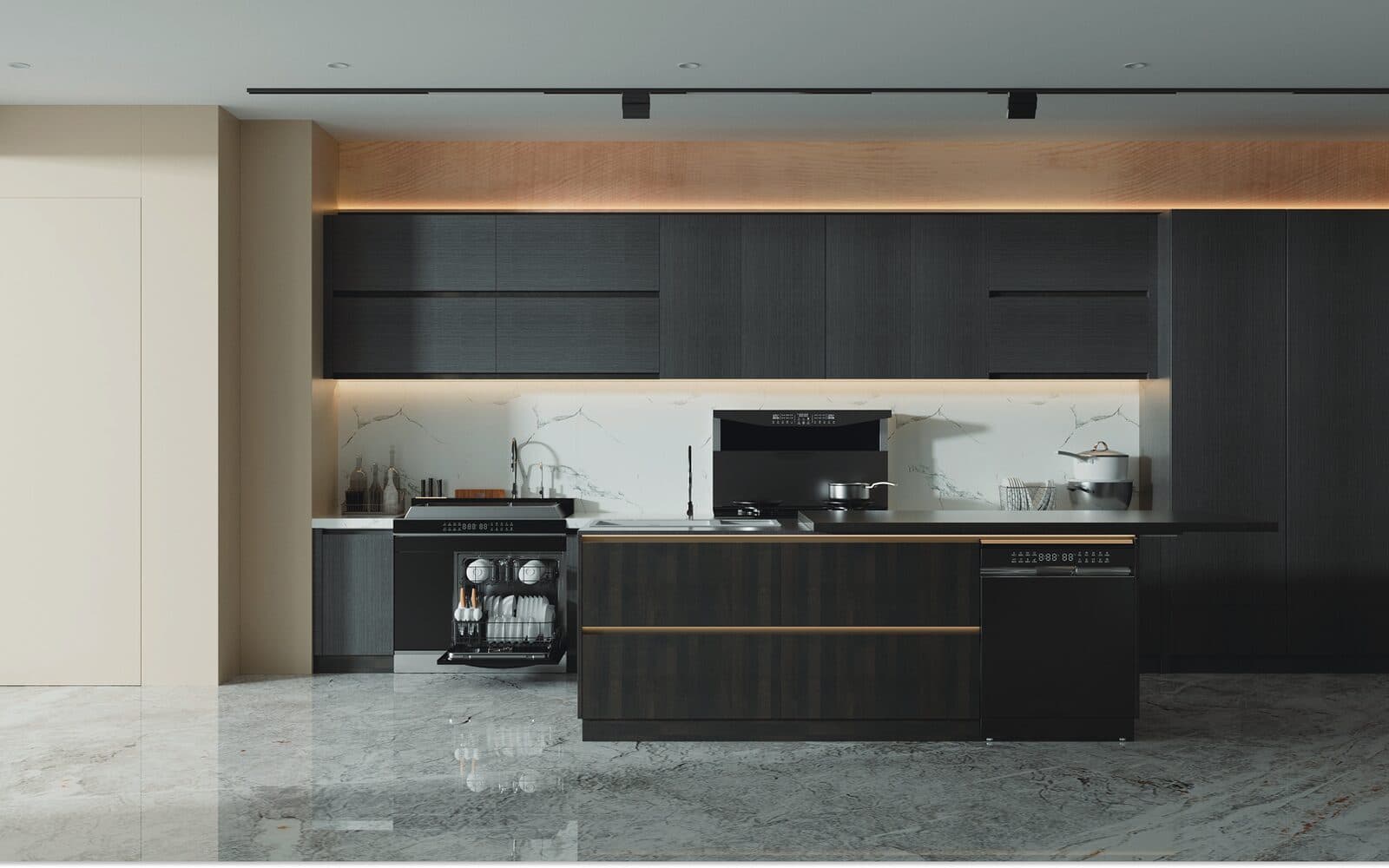 Coordinated kitchen appliance line visual for integrated dishwasher planning