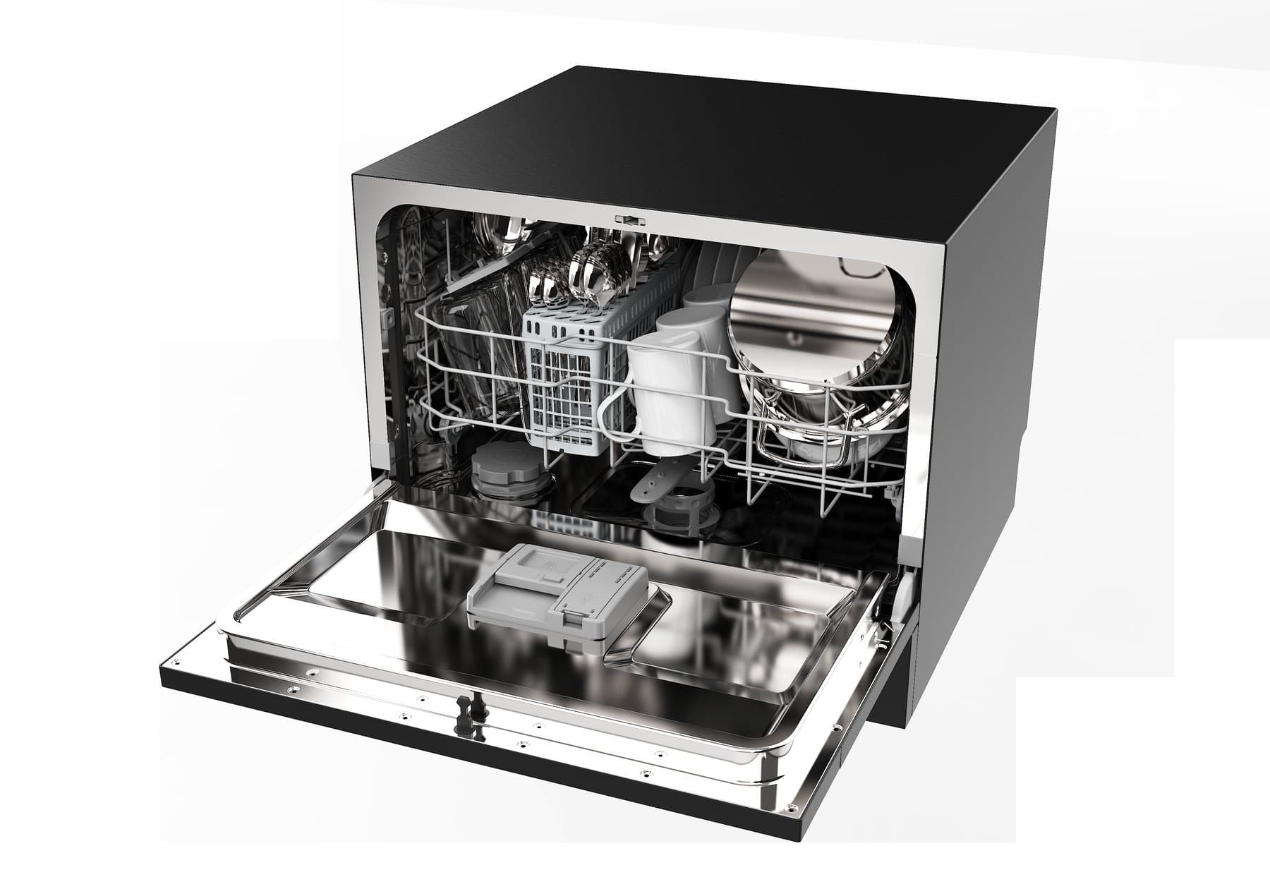 Open countertop dishwasher with loaded basket for Mexico market entry programs