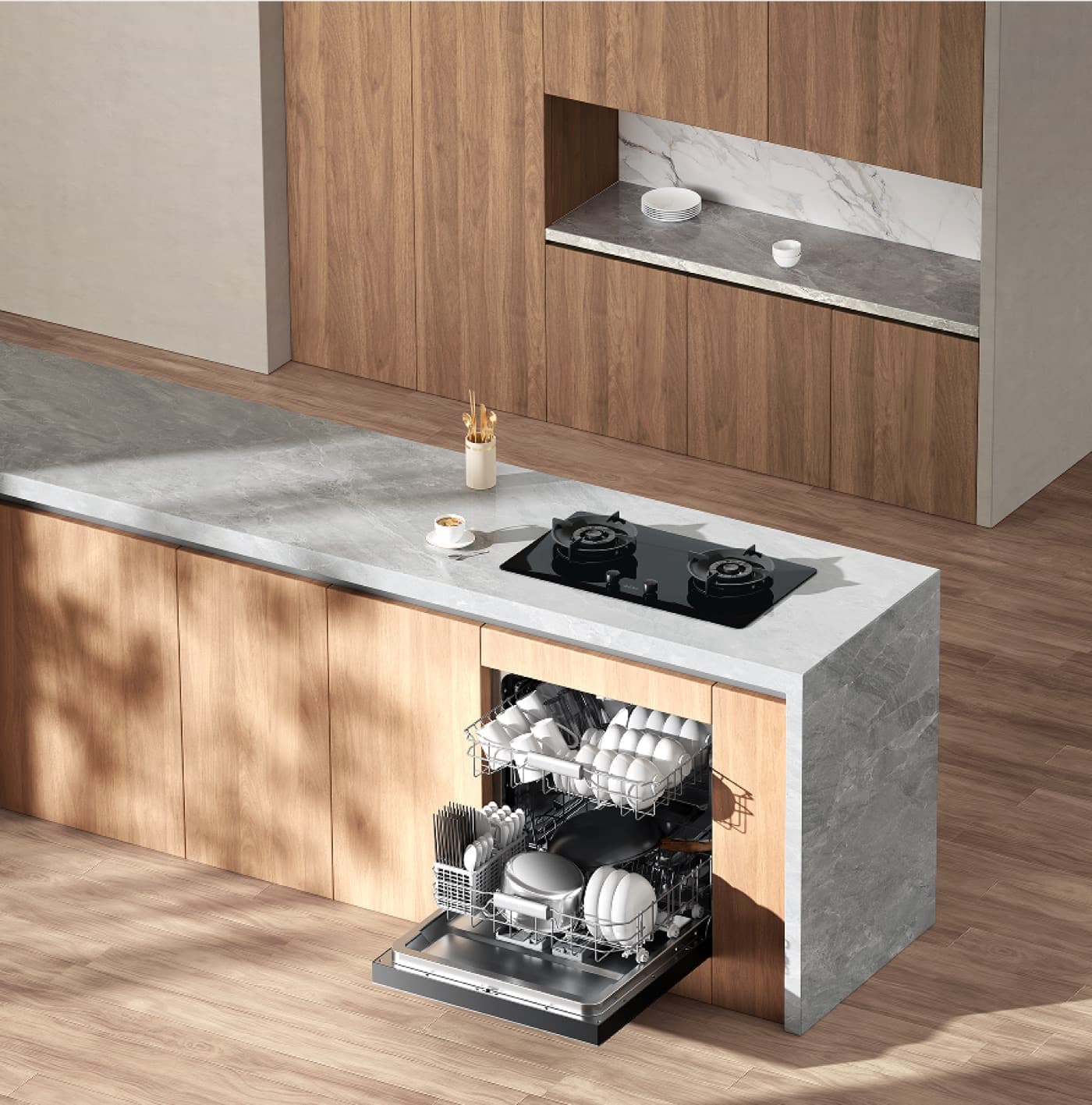 Open built-in dishwasher platform visual for product catalogue requests